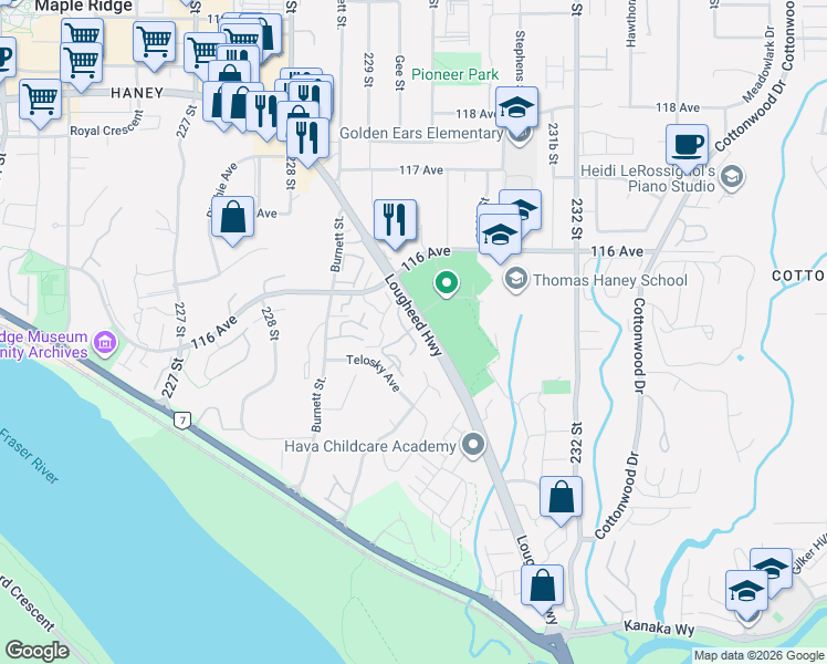 map of restaurants, bars, coffee shops, grocery stores, and more near 22865 Telosky Avenue in Maple Ridge