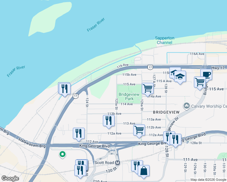 map of restaurants, bars, coffee shops, grocery stores, and more near 11465 125A Street in Surrey