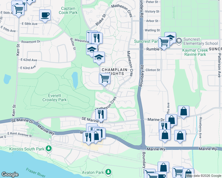 map of restaurants, bars, coffee shops, grocery stores, and more near in Vancouver