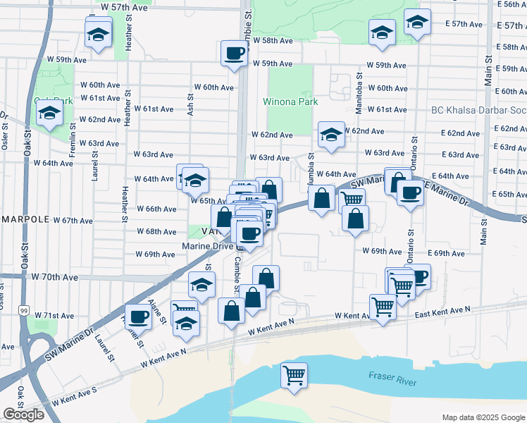 map of restaurants, bars, coffee shops, grocery stores, and more near 455 Southwest Marine Drive in Vancouver