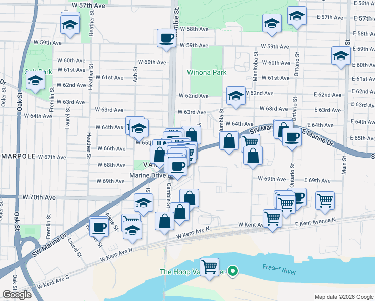 map of restaurants, bars, coffee shops, grocery stores, and more near 455 Southwest Marine Drive in Vancouver