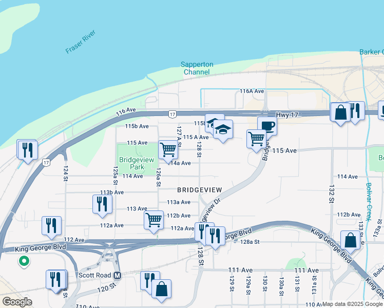map of restaurants, bars, coffee shops, grocery stores, and more near 12774 114B Avenue in Surrey