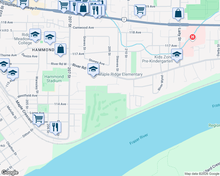 map of restaurants, bars, coffee shops, grocery stores, and more near 11480 209 Street in Maple Ridge