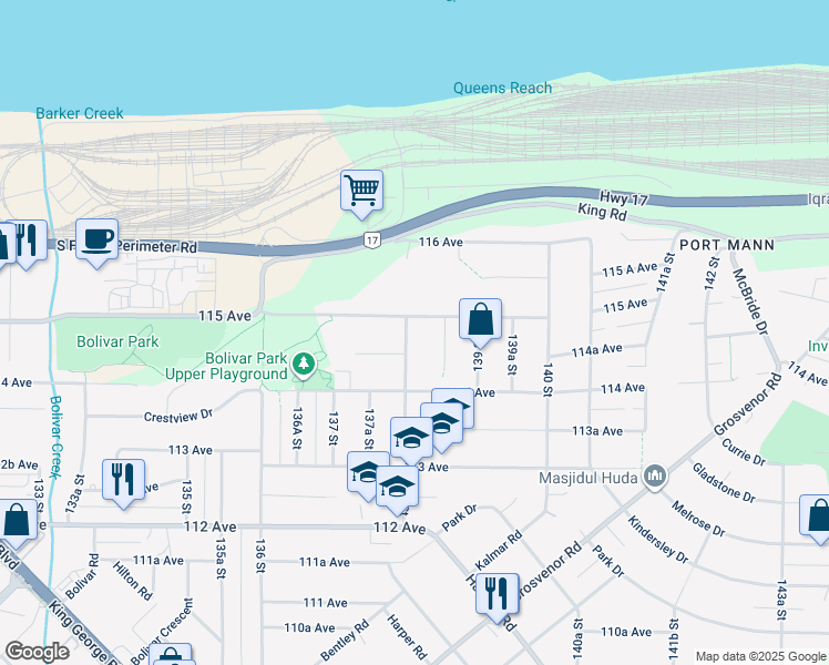 map of restaurants, bars, coffee shops, grocery stores, and more near 11481 138 Street in Surrey