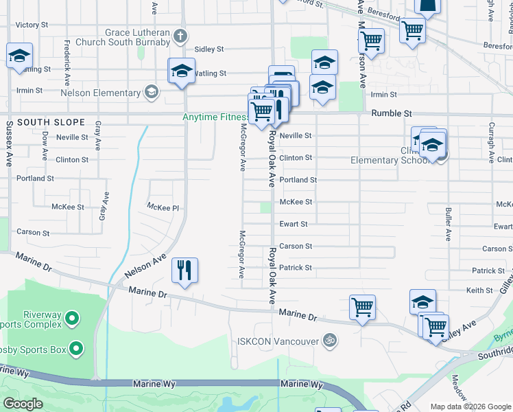 map of restaurants, bars, coffee shops, grocery stores, and more near 5156 McKee Street in Burnaby