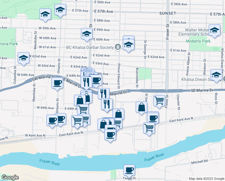 map of restaurants, bars, coffee shops, grocery stores, and more near 375 Southeast Marine Drive in Vancouver