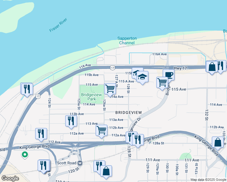 map of restaurants, bars, coffee shops, grocery stores, and more near 12720 114B Avenue in Surrey