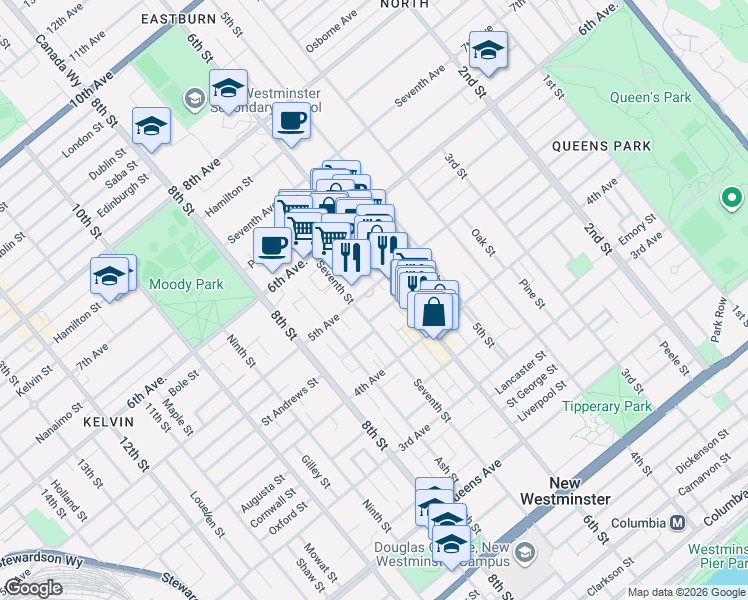 map of restaurants, bars, coffee shops, grocery stores, and more near 612 5th Avenue in New Westminster