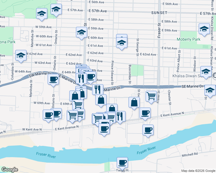 map of restaurants, bars, coffee shops, grocery stores, and more near 385 Southeast Marine Drive in Vancouver