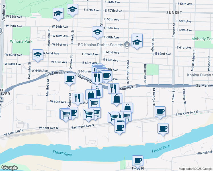 map of restaurants, bars, coffee shops, grocery stores, and more near 249 Southeast Marine Drive in Vancouver