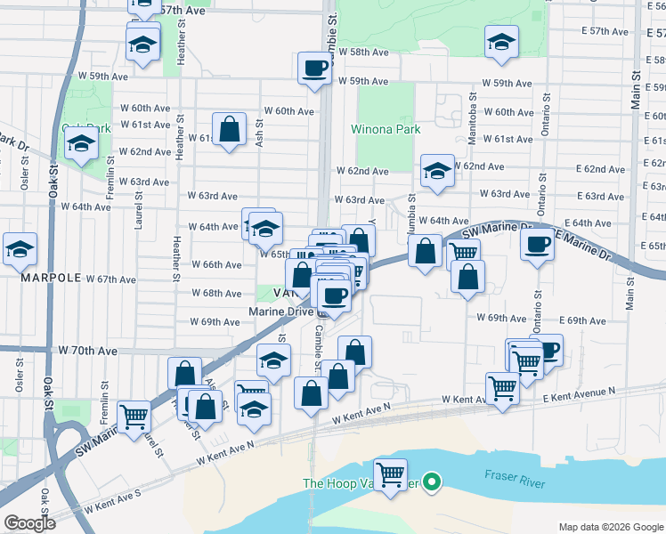 map of restaurants, bars, coffee shops, grocery stores, and more near 8131 Nunavut Lane in Vancouver