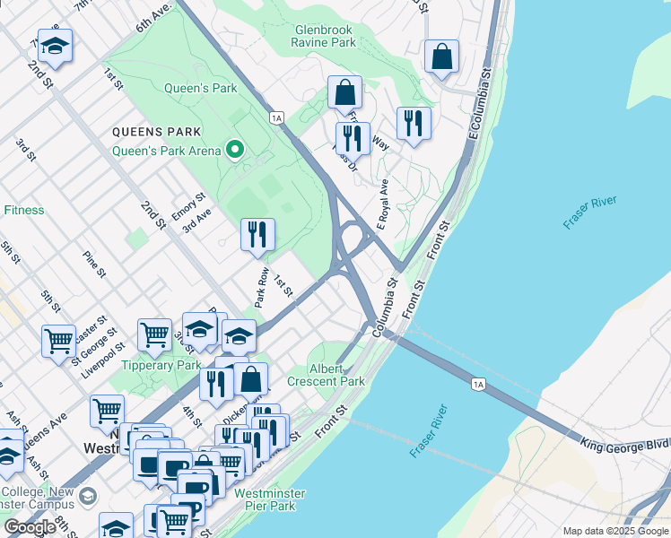 map of restaurants, bars, coffee shops, grocery stores, and more near 22 Royal Avenue in New Westminster