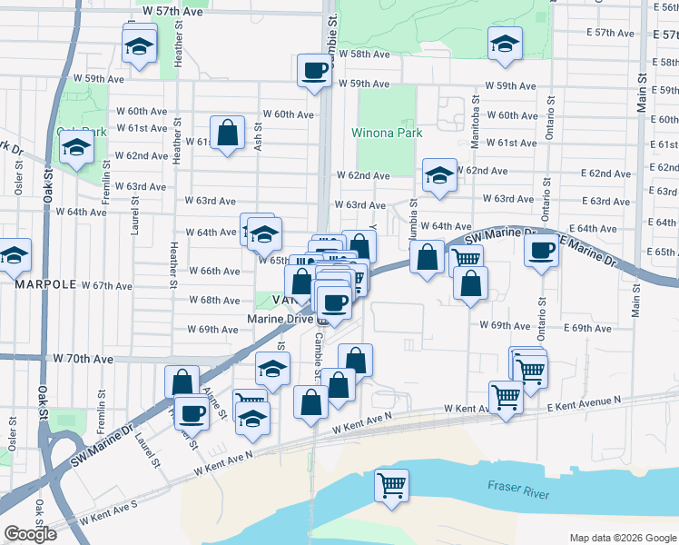 map of restaurants, bars, coffee shops, grocery stores, and more near Nunavut Lane in Vancouver
