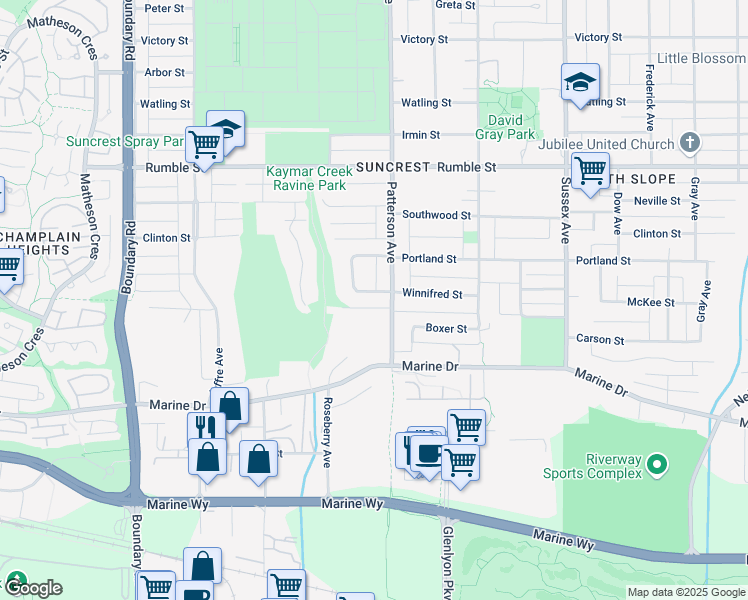 map of restaurants, bars, coffee shops, grocery stores, and more near 7983 Suncrest Drive in Burnaby