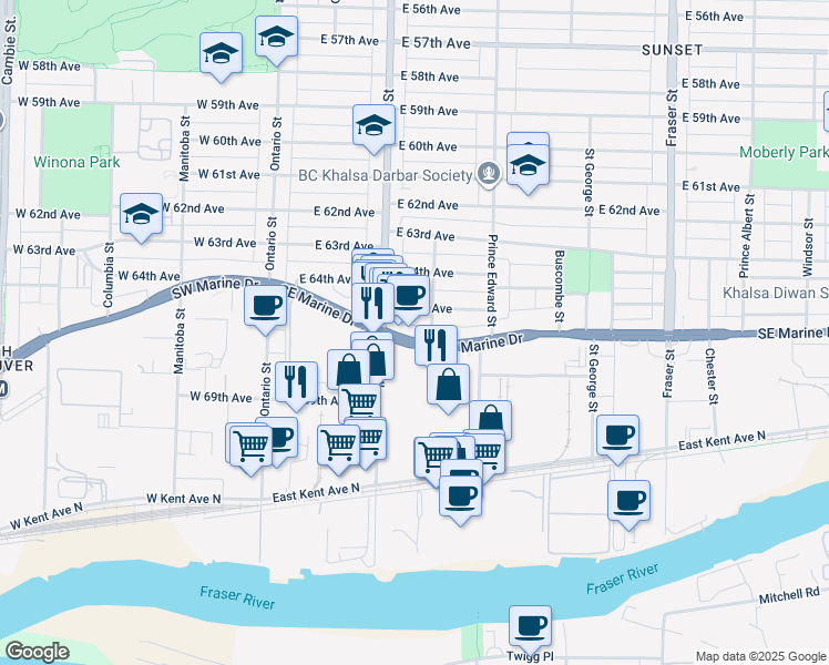 map of restaurants, bars, coffee shops, grocery stores, and more near 263 Southeast Marine Drive in Vancouver
