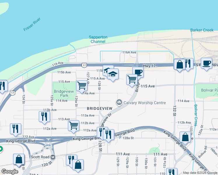 map of restaurants, bars, coffee shops, grocery stores, and more near 12848 114B Avenue in Surrey
