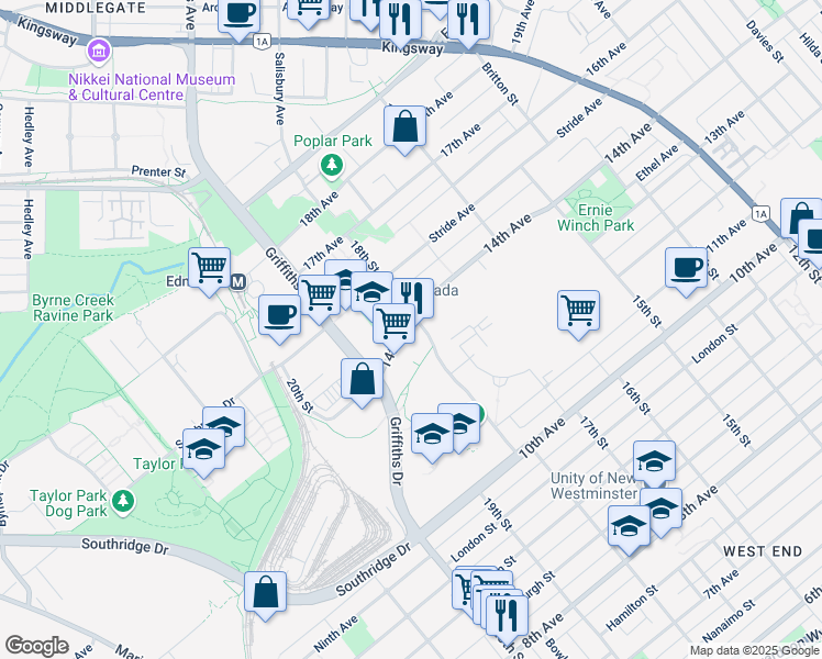 map of restaurants, bars, coffee shops, grocery stores, and more near 7088 14th Avenue in Burnaby