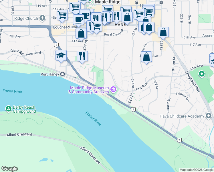 map of restaurants, bars, coffee shops, grocery stores, and more near 11510 225 Street in Maple Ridge