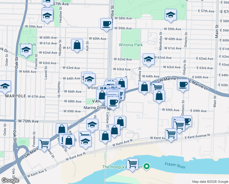 map of restaurants, bars, coffee shops, grocery stores, and more near 8131 Nunavut Lane in Vancouver