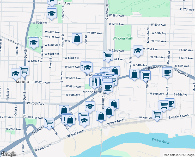 map of restaurants, bars, coffee shops, grocery stores, and more near in Vancouver