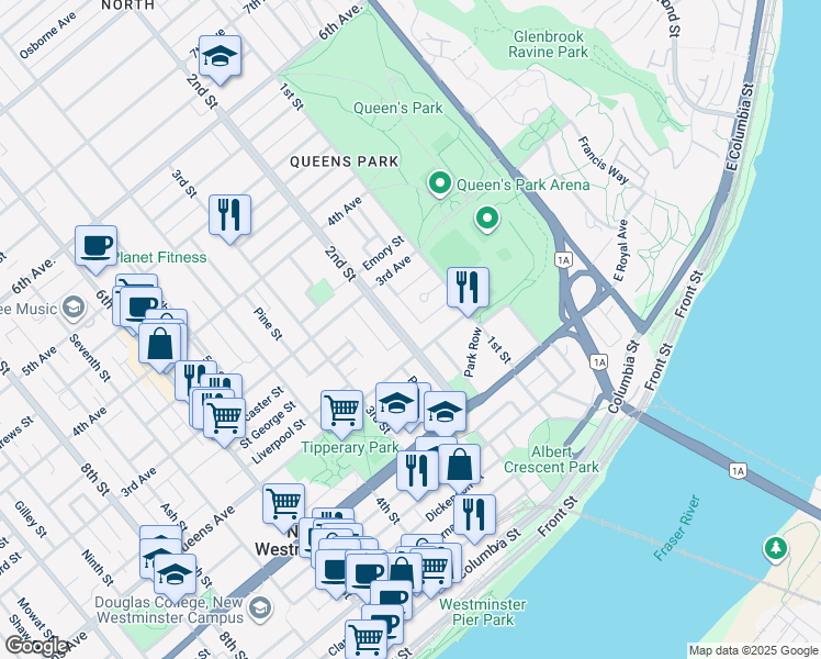 map of restaurants, bars, coffee shops, grocery stores, and more near 209 2nd Street in New Westminster