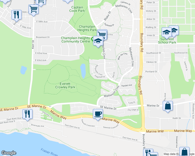 map of restaurants, bars, coffee shops, grocery stores, and more near 3335 Flagstaff Place in Vancouver