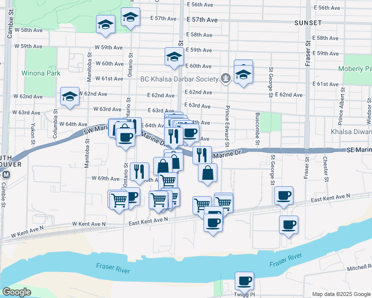 map of restaurants, bars, coffee shops, grocery stores, and more near 239 Southeast Marine Drive in Vancouver