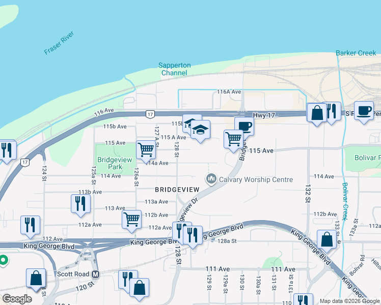 map of restaurants, bars, coffee shops, grocery stores, and more near 12840 114B Avenue in Surrey