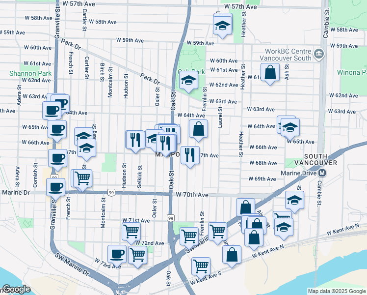 map of restaurants, bars, coffee shops, grocery stores, and more near 8249 Shaughnessy Street in Vancouver