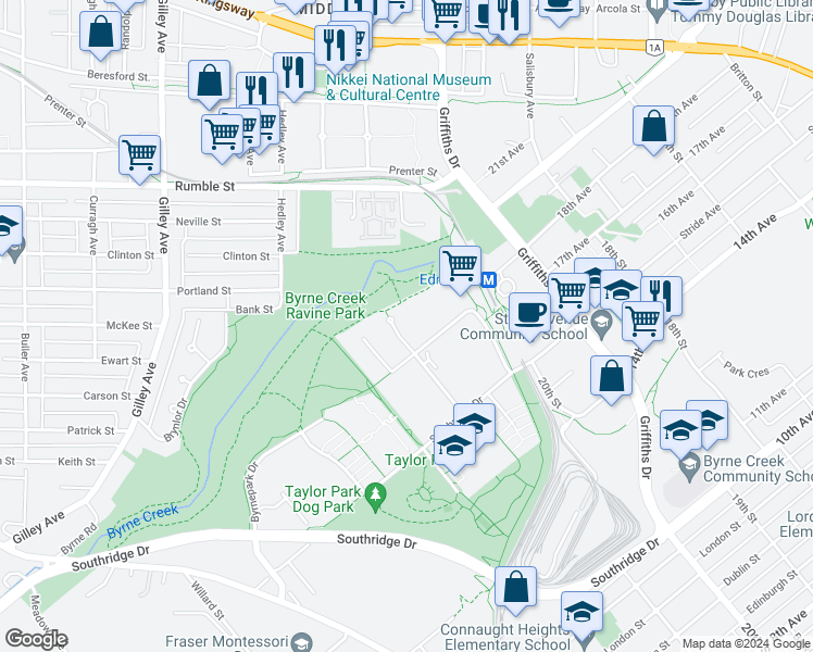 map of restaurants, bars, coffee shops, grocery stores, and more near 6823 Station Hill Drive in Burnaby