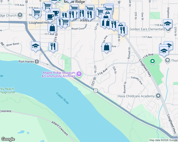 map of restaurants, bars, coffee shops, grocery stores, and more near 22538 116 Avenue in Maple Ridge