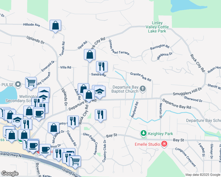 map of restaurants, bars, coffee shops, grocery stores, and more near Reynolds Road in Nanaimo