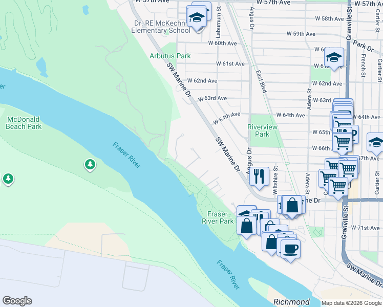 map of restaurants, bars, coffee shops, grocery stores, and more near 8231 Tugboat Place in Vancouver