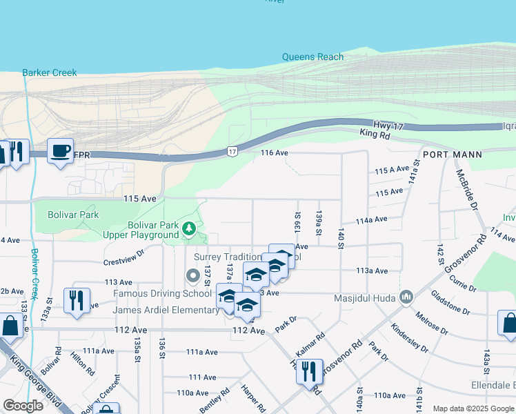 map of restaurants, bars, coffee shops, grocery stores, and more near 11488 138 Street in Surrey