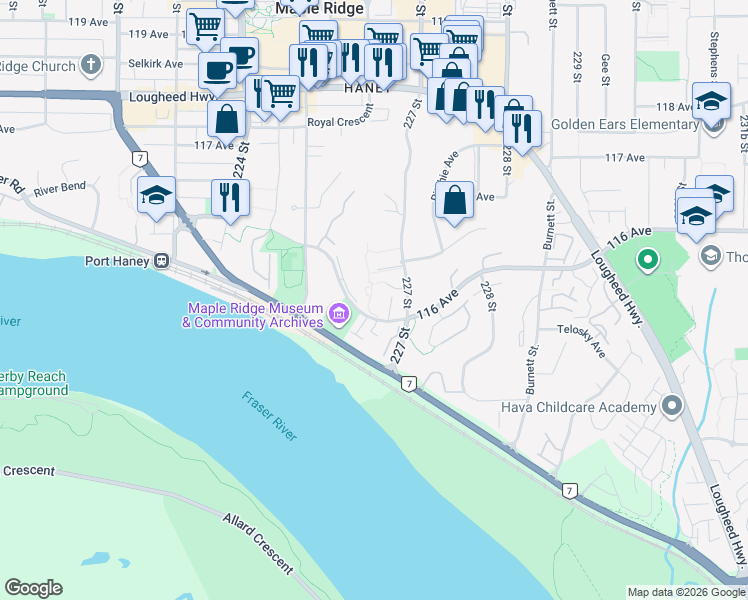 map of restaurants, bars, coffee shops, grocery stores, and more near 22538 116 Avenue in Maple Ridge