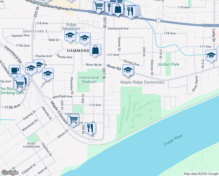 map of restaurants, bars, coffee shops, grocery stores, and more near 11465 207A Street in Maple Ridge