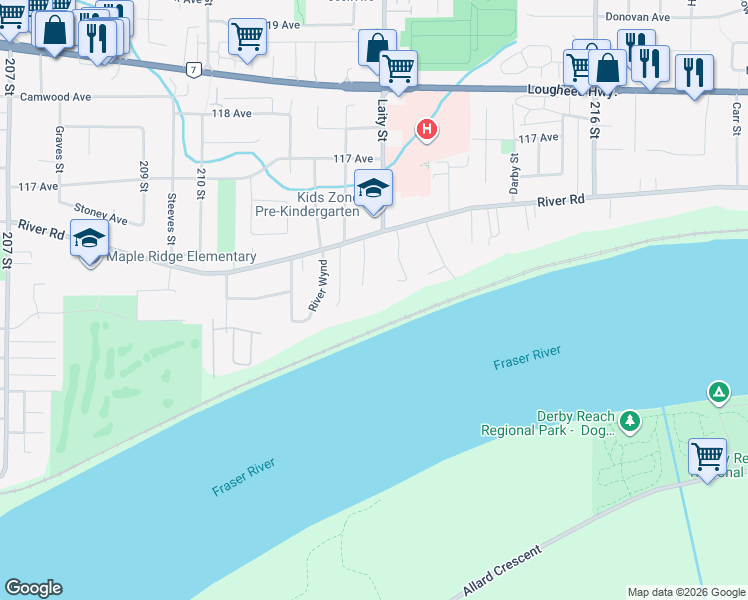 map of restaurants, bars, coffee shops, grocery stores, and more near 11468 212 Street in Maple Ridge