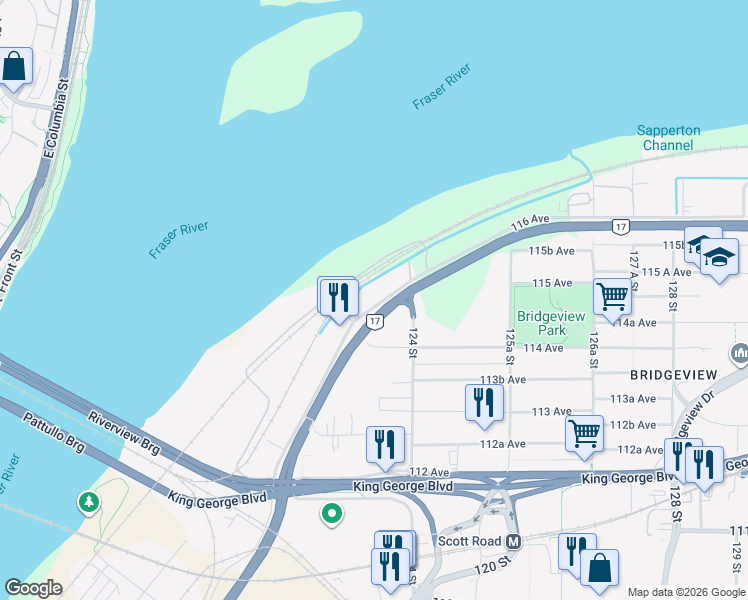 map of restaurants, bars, coffee shops, grocery stores, and more near in Surrey