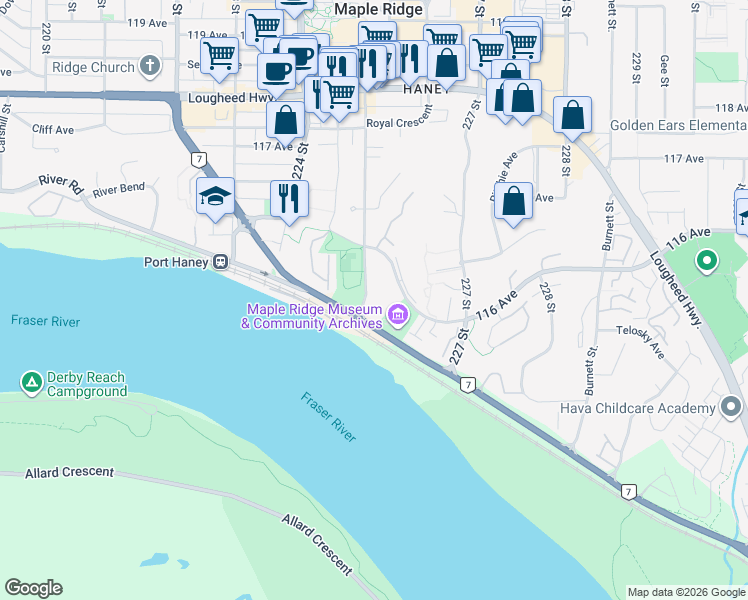 map of restaurants, bars, coffee shops, grocery stores, and more near in Maple Ridge