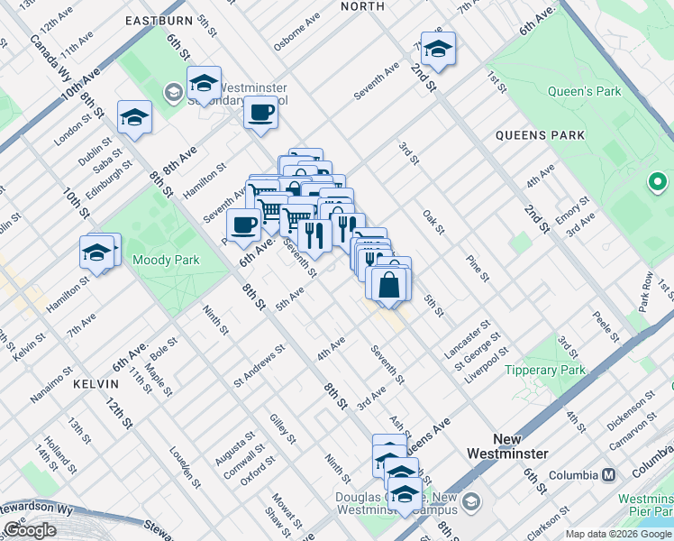 map of restaurants, bars, coffee shops, grocery stores, and more near 612 5th Avenue in New Westminster