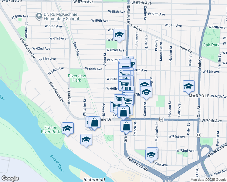 map of restaurants, bars, coffee shops, grocery stores, and more near 1552 West 66th Avenue in Vancouver