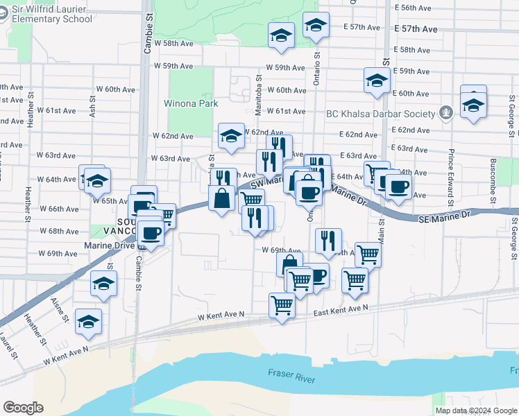map of restaurants, bars, coffee shops, grocery stores, and more near 8188 Manitoba Street in Vancouver