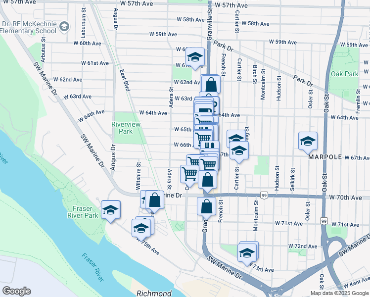 map of restaurants, bars, coffee shops, grocery stores, and more near 1554 West 66th Avenue in Vancouver