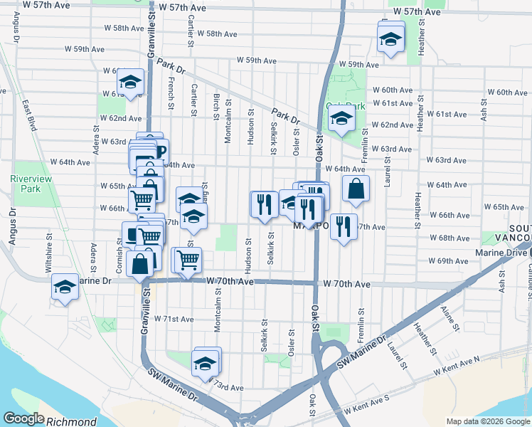 map of restaurants, bars, coffee shops, grocery stores, and more near 8245 Selkirk Street in Vancouver