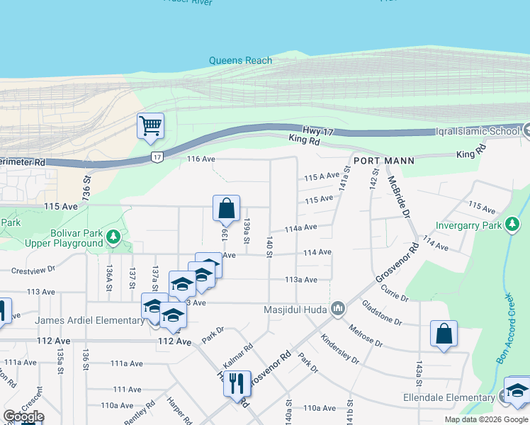 map of restaurants, bars, coffee shops, grocery stores, and more near 13998 115 Avenue in Surrey