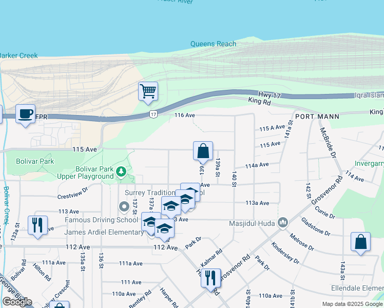 map of restaurants, bars, coffee shops, grocery stores, and more near 13866 115 Avenue in Surrey
