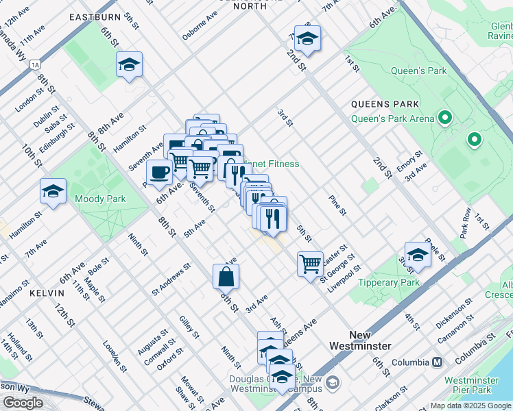 map of restaurants, bars, coffee shops, grocery stores, and more near 423 6th Street in New Westminster