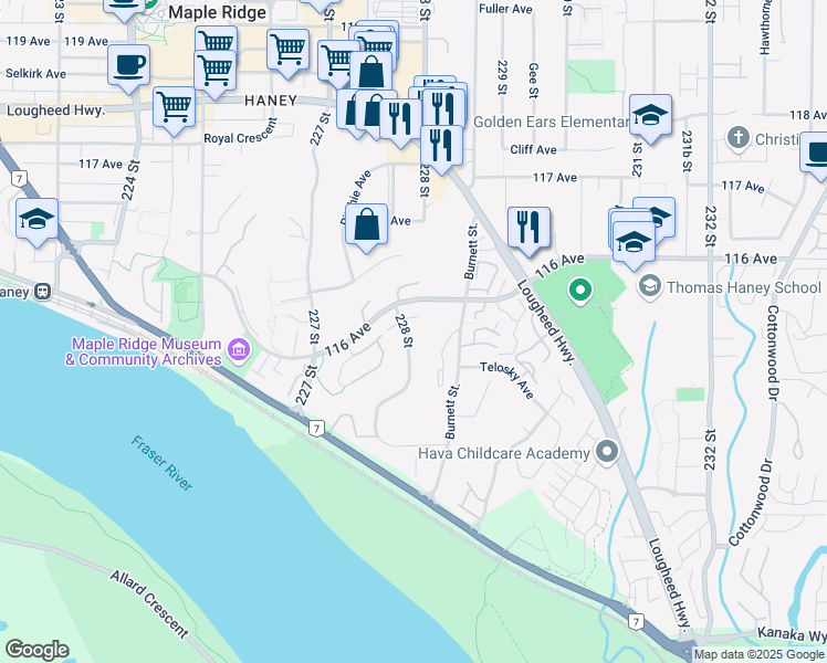 map of restaurants, bars, coffee shops, grocery stores, and more near 11534 228 Street in Maple Ridge