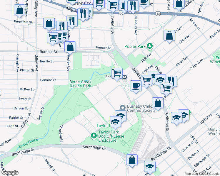 map of restaurants, bars, coffee shops, grocery stores, and more near 6833 Station Hill Drive in Burnaby