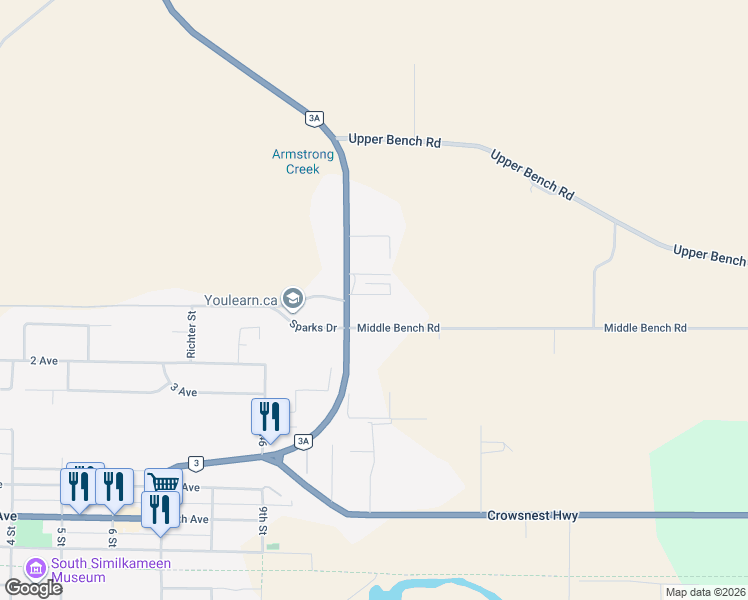 map of restaurants, bars, coffee shops, grocery stores, and more near 13 Highway 3A in Keremeos